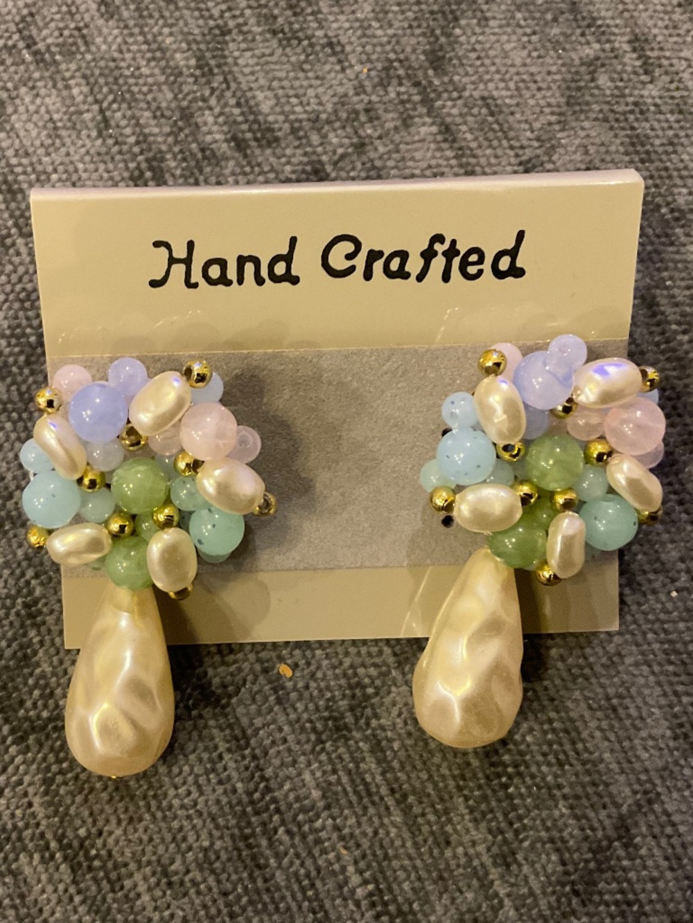 Hand Crafted Pastel Beaded Pearl Cluster Teardrop Statement Earrings NWT